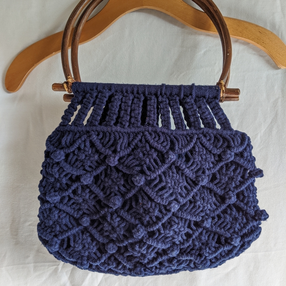 Navy Blue Crocheted, Wood Handles Purse